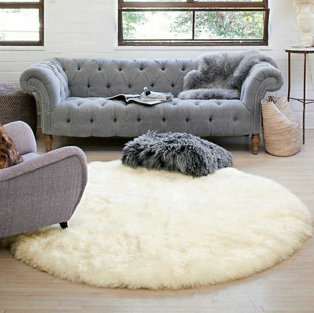 3' Round Faux Sheepskin Area Rug Off White